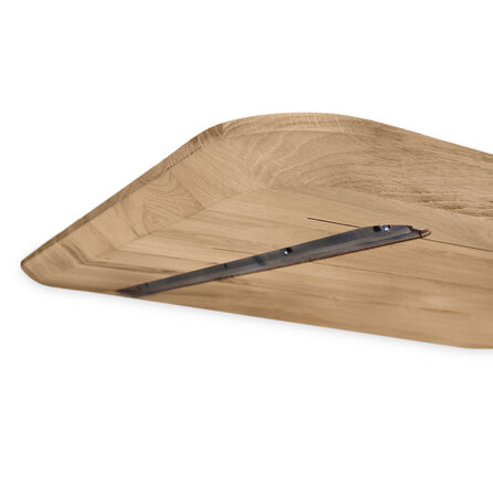 Eiken tafelblad met ronde hoeken en verjongde rand - 3 cm dik - rustiek eikenhout (B/C) - medium lamel (6-12 cm) - vaste afmetingen - gelijmd KD 8-12%