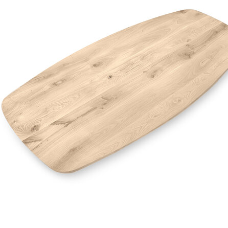 Deens ovaal eiken tafelblad met verjongde rand - 2,8 cm dik - rustiek eikenhout (B/C) - medium lamel (6-12 cm) - vaste afmetingen - gelijmd KD 8-12%
