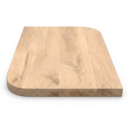 Diagonaal rond-haaks eiken tafelblad - op maat - 4 cm dik - prime eikenhout (A/B) - brede lamel (9-12 cm) - gelijmd KD 8-12%
