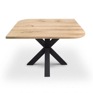 Diagonaal rond-haaks eiken eettafel - vierkant - 2,7 cm - rustiek - brede lamel Diagonaal rond-haaks eiken eettafel - vierkant - 2,7 cm - rustiek - brede lamel