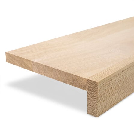 Eiken overzet venstertablet / vensterbank - op maat - 2 cm dik - met voorrrand / neus (2x6 cm)  - prime eikenhout (A/B) - gelijmd KD 8-12%