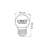 Warmweiße LED-Glühbirne mit milchig weißer Abdeckung, 2 Watt,  Ø45, dimmbar