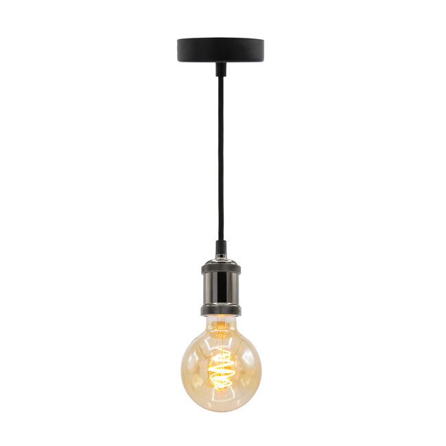 Modern glossy black cord pendants incl. 5W XL bulb, Amber glass, 1800K, Ø95