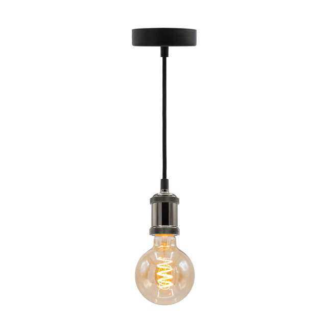 Modern glossy black cord pendants incl. 5W XL bulb, Amber glass, 1800K, Ø95