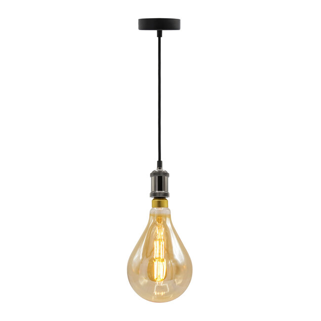 Modern glossy black cord pendants incl. 8.5W to 10W XXL bulb, Amber glass, 2000K, Ø160