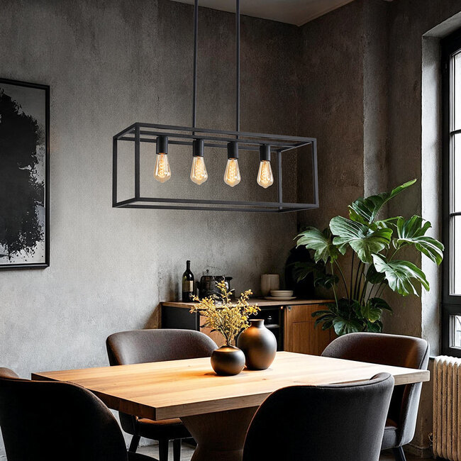 4-light industrial pendant lamp Zagreb, black cage