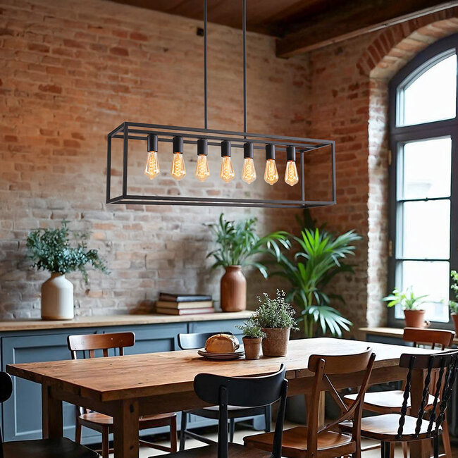 7-light industrial pendant lamp Zagreb, black cage