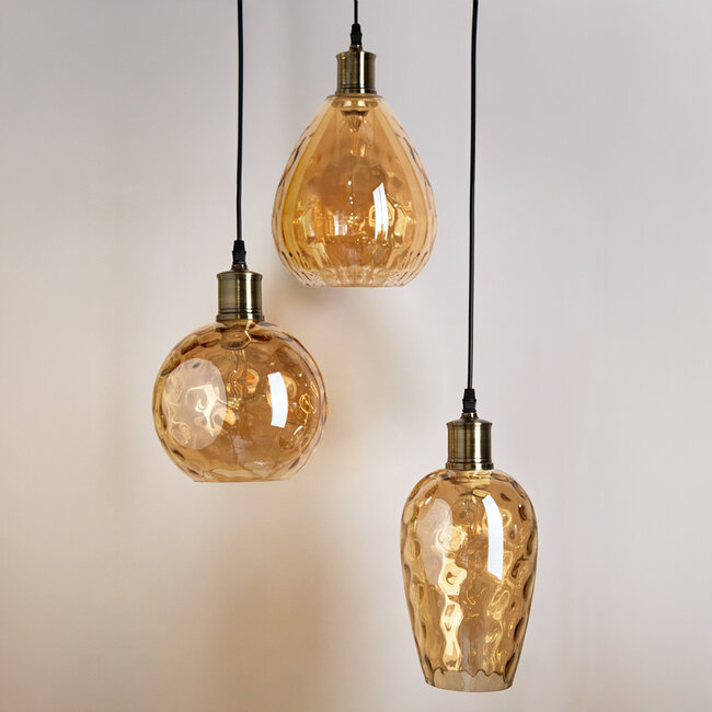 Pendant light with amber glass and texture, 3-bulb - Verona