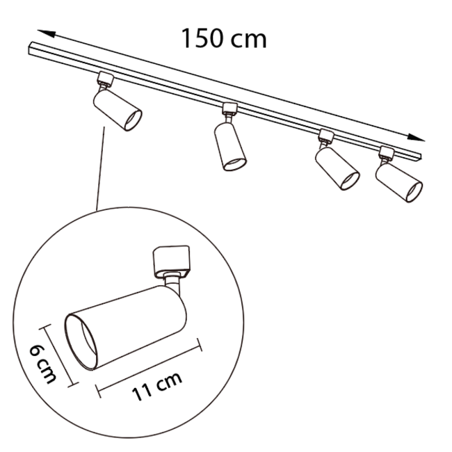 Modern single-phase track system 1.5 metre long with Juno spots