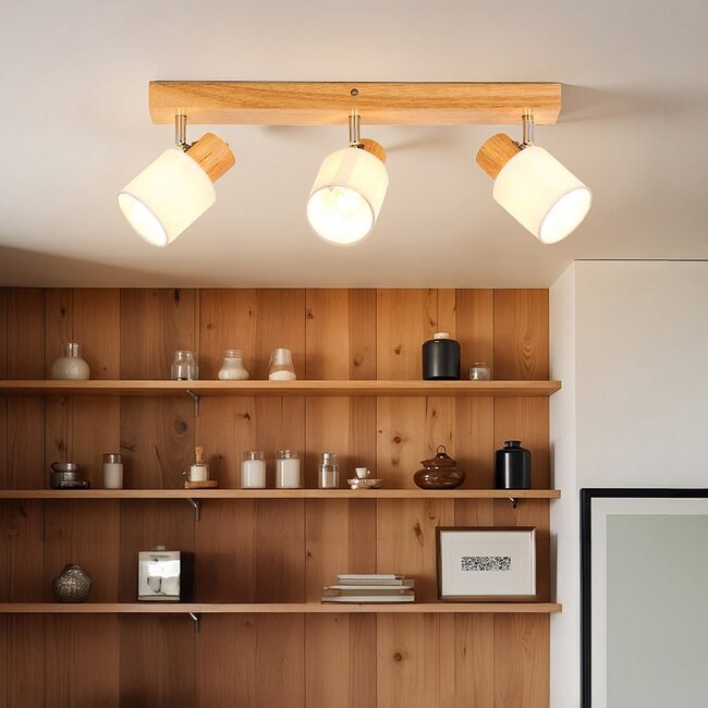 3-light wooden ceiling light Victoria - natural and white
