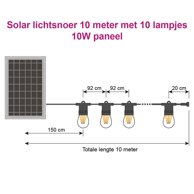 Solar string lights 10 metres with 10 W-shaped filament bulbs, 10W solar panel