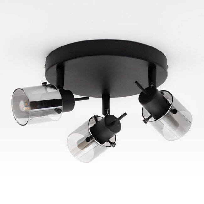 Industrial matt black ceiling spotlight with 3-light smoked glass grey glass - Chicago