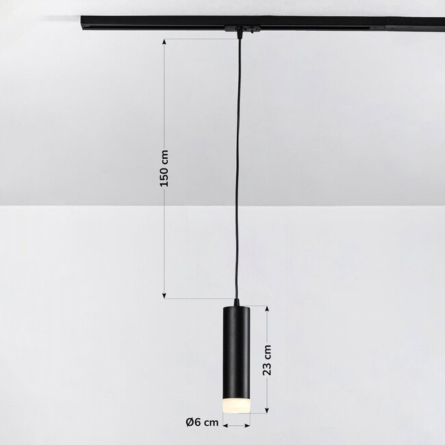 Luke 1-phase track tubular pendant light, black with matt diffuser