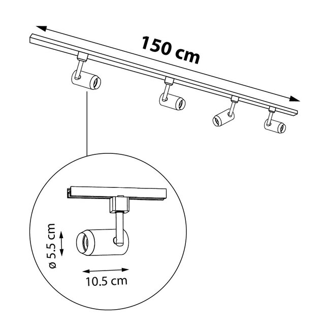 Industrial 1-phase 1.5 metre track lighting system with Claire spotlights - Ceiling rail