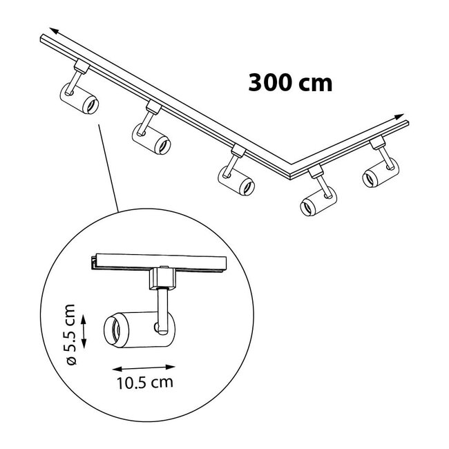 Industrial 1-phase 3-metre track lighting system with Claire spotlights - Ceiling rail