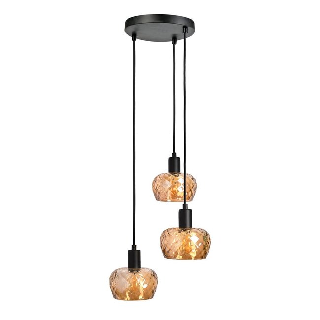 Modern matt black pendant lamp with amber-coloured glass, 3-light - Scott
