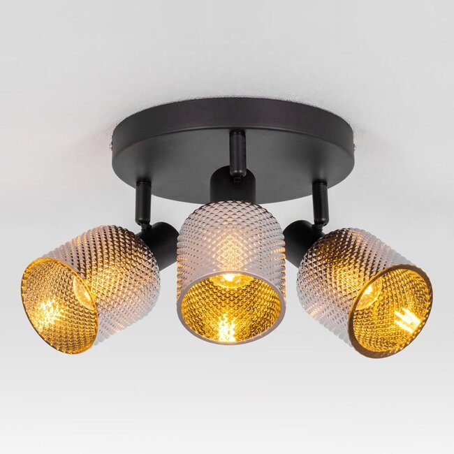 Matt black ceiling spotlight with smoked grey glass, 3 spotlights - Jersey