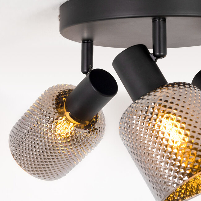 Matt black ceiling spotlight with smoked grey glass, 3 spotlights - Jersey