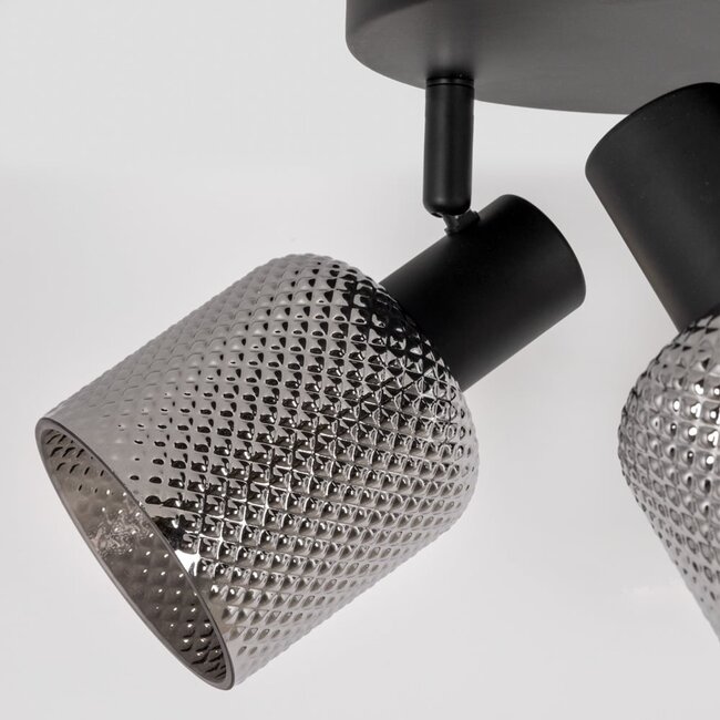 Matt black ceiling spotlight with smoked grey glass, 3 spotlights - Jersey