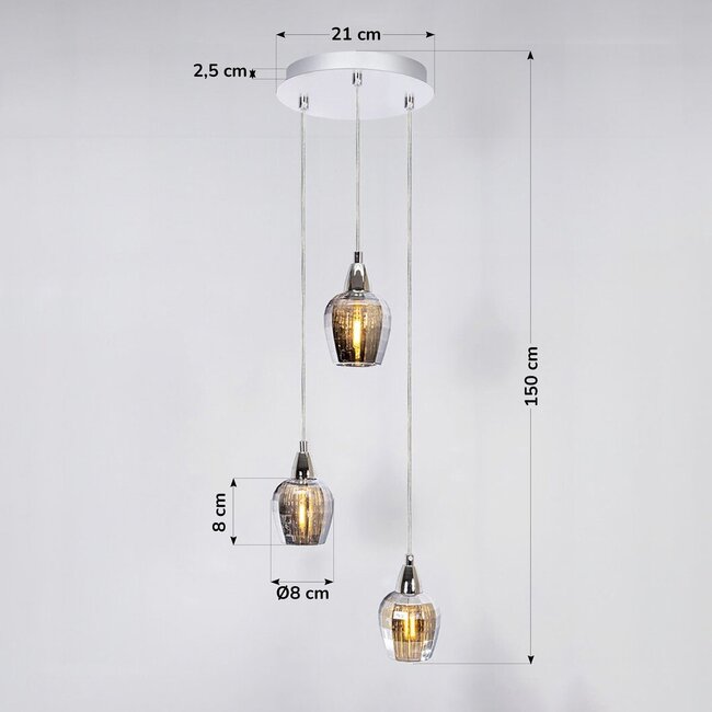 Industrial chrome pendant lamp with smoked glass, 3-light - Veronica