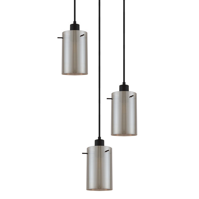 Modern Matt black pendant lamp with smoked glass, 3-light - Akron