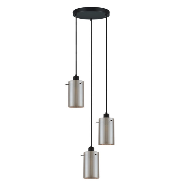 Modern Matt black pendant lamp with smoked glass, 3-light - Akron