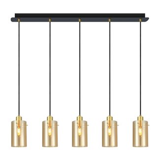 Modern matt black and sand golden pendant lamp with amber-coloured glass, 5-light - Seattle