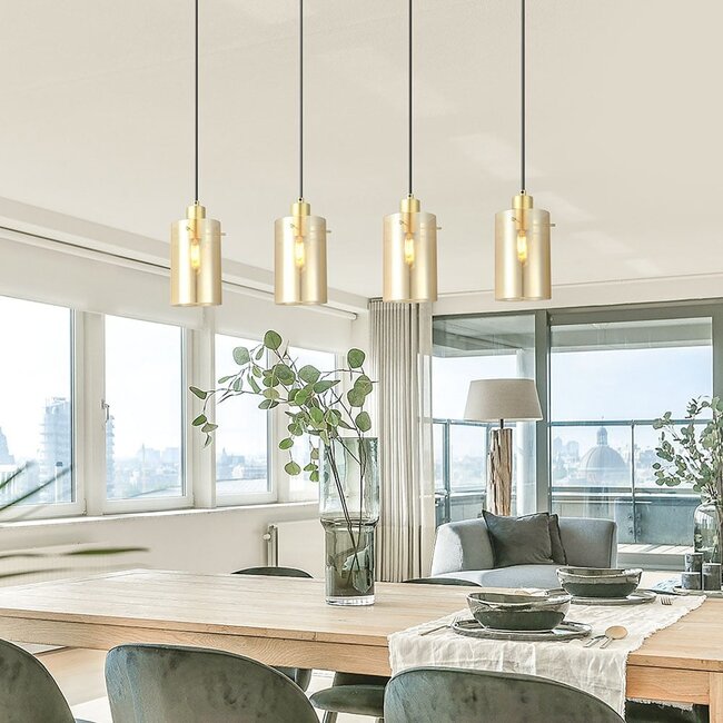 Industrial matt black and sand gold pendant lamp with amber glass 4-light - Tuscon