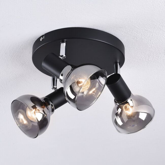 Modern matt black ceiling spotlight with smoked glass, 3-light - Atlanta