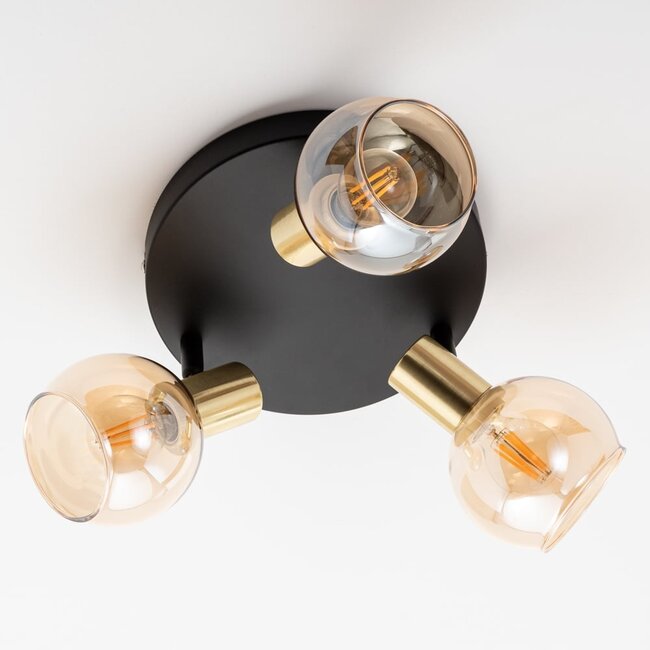 Matt black with sand gold ceiling spotlight and amber-coloured glass 3-light - Oakland