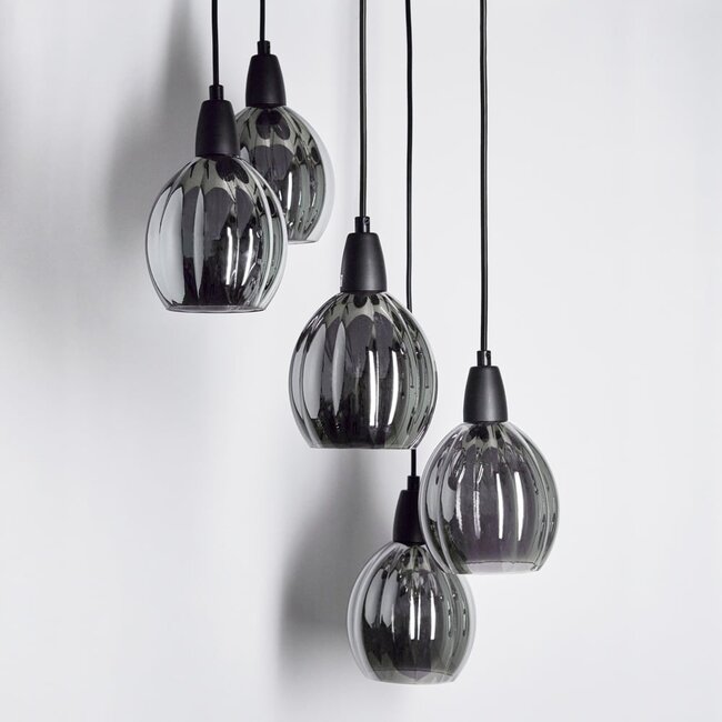 5-light designer pendant light Boise - black and smoked glass