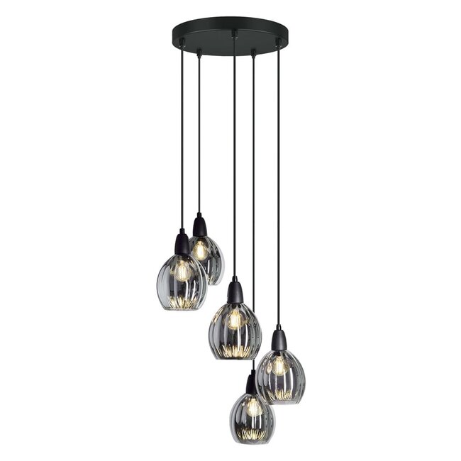 5-light designer pendant light Boise - black and smoked glass