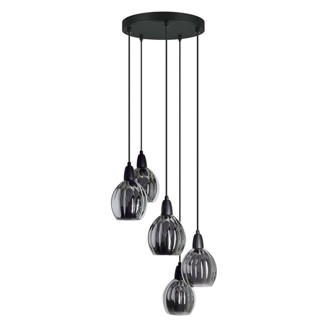 5-light designer pendant light Boise - black and smoked glass