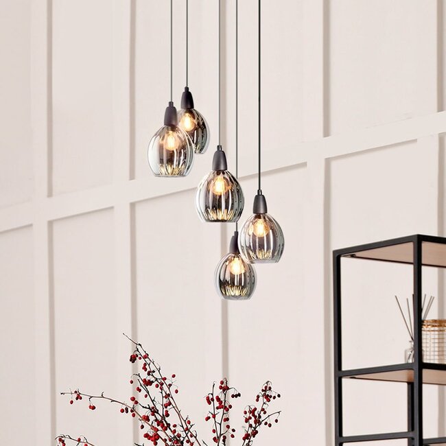 5-light designer pendant light Boise - black and smoked glass