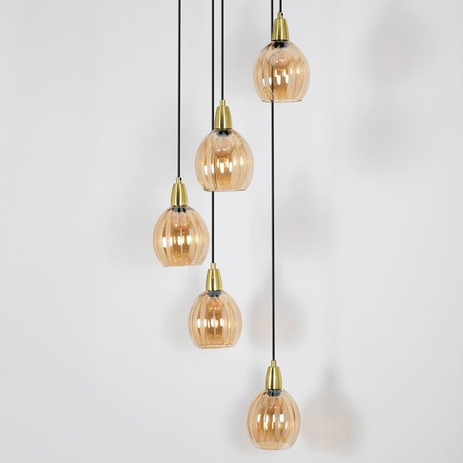 Designer matt black with sand gold pendant lamp and amber-coloured glass 5-light - Baton