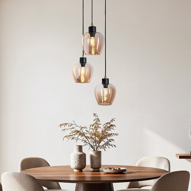 Design matt black and sand gold pendant lamp with Amber glass 3-light - Stockton