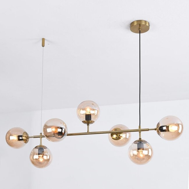 Designer pendant light Hepta with amber glass spheres