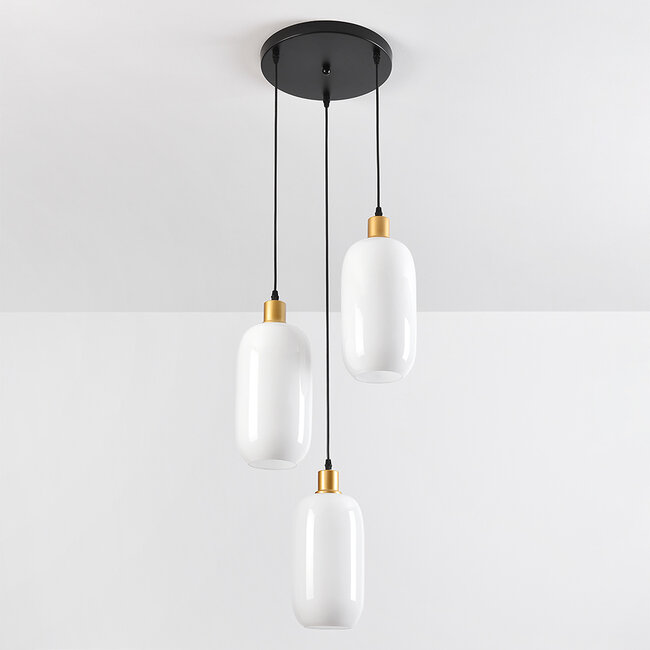 3-light pendant light Laura in opal glass - black and gold