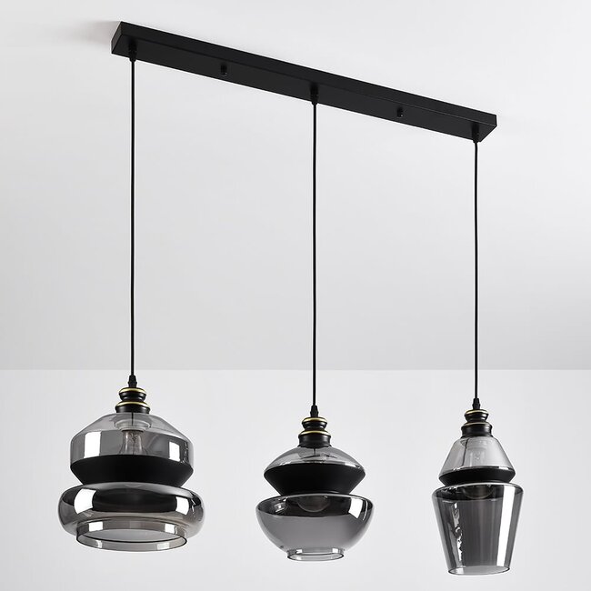 3-light pendant light Sofie in smoked glass - black