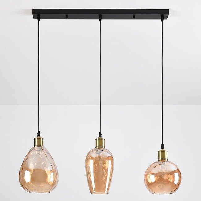 3-light pendant light Vanessa in amber curved glass
