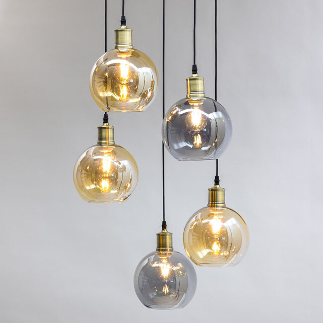 5-light pendant lamp with smoked and amber glass - Lyana