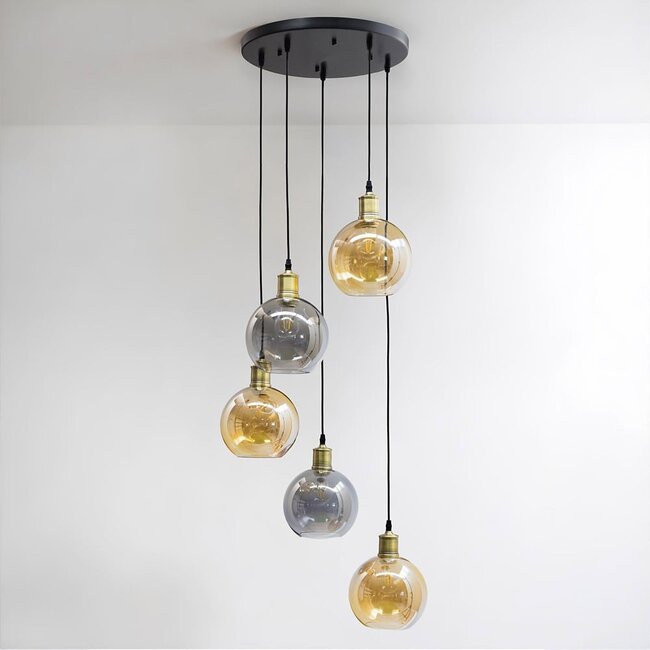 5-light pendant light Lyana with smoked and amber glass