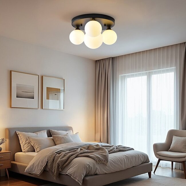 4-light ceiling light Taira with white glass globes - black
