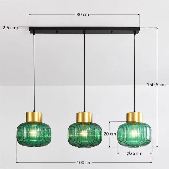3-light pendant light Inya with green glass - green and gold