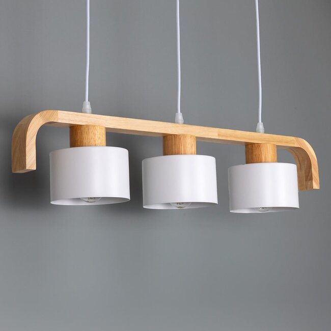 3-light retro pendant light Rosie with wood - white and wood