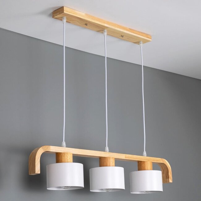 3-light retro pendant light Rosie with wood - white and wood