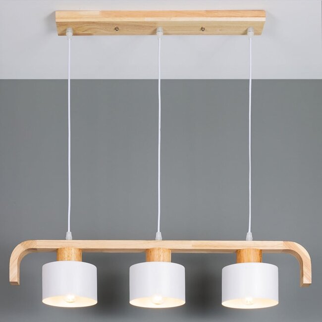 3-light retro pendant light Rosie with wood - white and wood