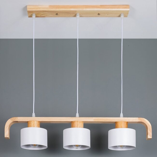 3-light retro pendant light Rosie with wood - white and wood