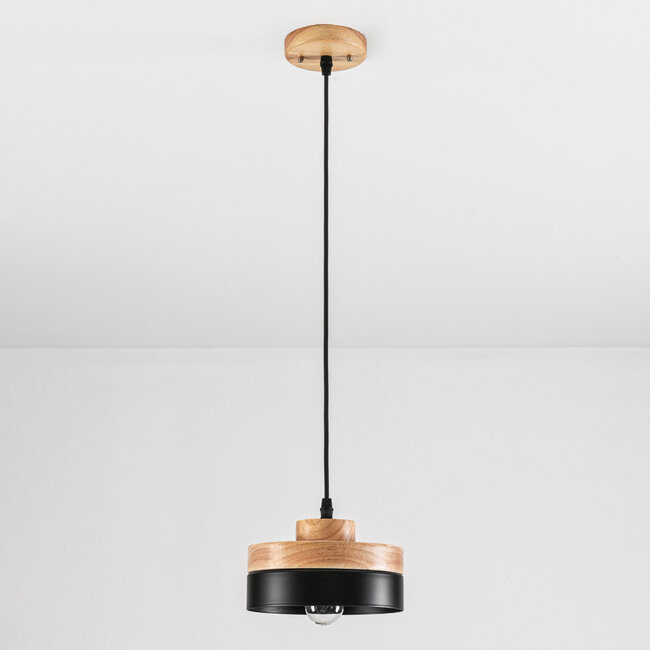 Wooden pendant light Evie with iron rim - wood and black