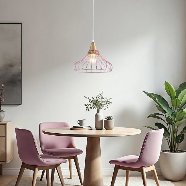Iron pendant light Maya in a cage design - pink and gold